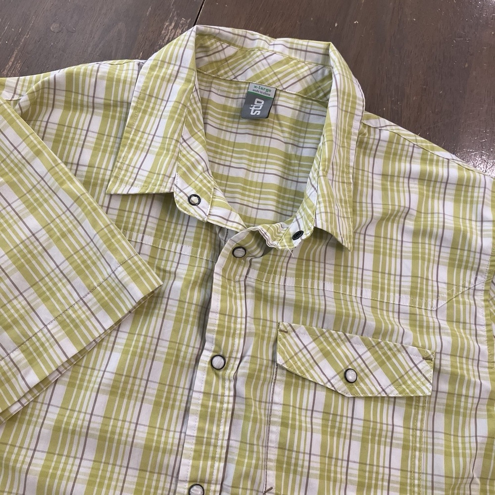 Stio Eddy Pearl Snap‎ Shirt Men's  XL Yellow Green Plaid Check Short Sleeve